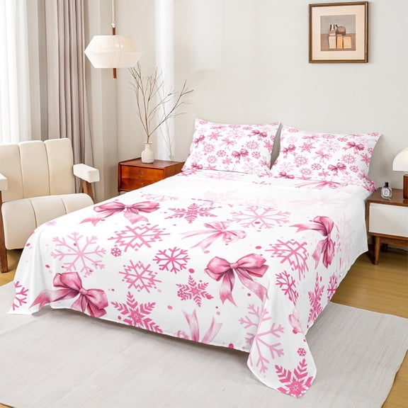 Homewish Cartoon Bowtie Bowknot Queen Sheet Sets,Cute Christmas Snowflake Flat Sheet,Pink White Queen Fitted Sheet For Girl Teens,Luxury Bedroom Decor,4pcs