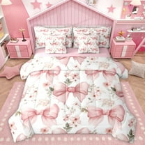 Homewish Cartoon Bowtie Ribbon 7-Piece Twin Bedding Sets,Rustic Flower Floral Bedding Comforter Set,Pink White Sheet Sets For Girls Kids,Ultra Soft Home Decor Reversible