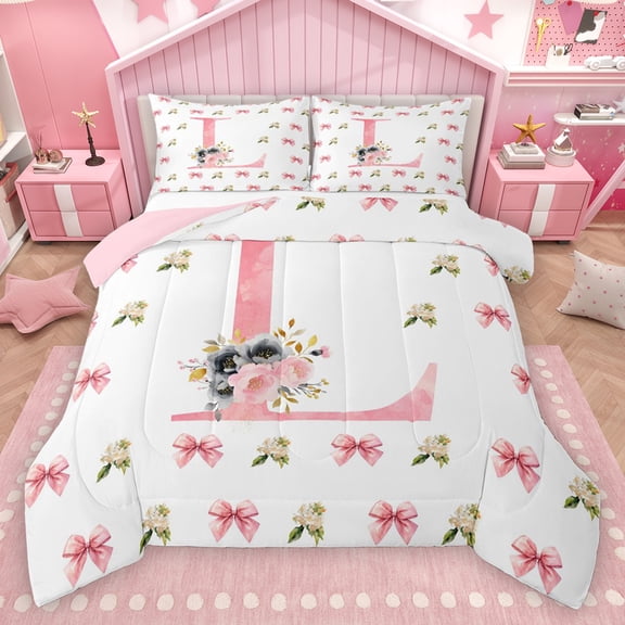 Homewish Cartoon Bowtie Ribbon Bedding Comforter Set,Pink Letter L Twin Comforter Sets,Cute Flower Bedding Set For Girl Teens,Ultra Soft Bedroom Decor Reversible,2 Pieces