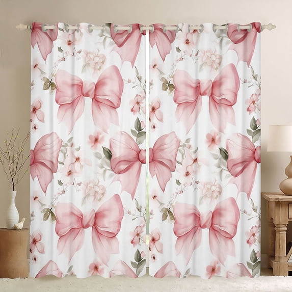 Homewish Cartoon Bowtie Ribbon Black Out Curtains,Rustic Flower Floral Curtains Pack of 2 (42x63 Each),Pink White Bedroom Curtains For Girls Kids,Ultra Soft Home Decor