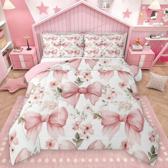 Homewish Cartoon Bowtie Ribbon Full Size Comforter Sets,Rustic Flower Floral Bedding Comforter Set,Pink White Bedding Sets For Girls Kids,Ultra Soft Home Decor Reversible,3-Piece