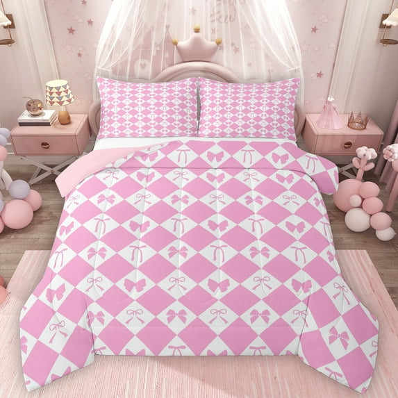 Homewish Cartoon Bowtie Ribbon Queen Comforter Set,Modern Geometric Rhombus Bedding Sets,Pink White Bedding Comforter Set For Boys Girl,Luxury Bedroom Decor Reversible,3 Pieces