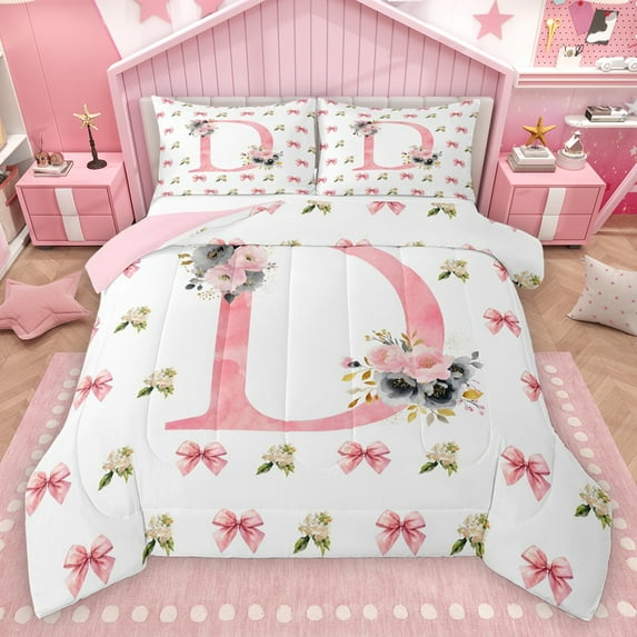 Homewish Cartoon Bowtie Ribbon Queen Comforter Set,Pink Letter C Bedding Sets,Cute Flower Bedding Comforter Set For Girl Teens,Ultra Soft Bedroom Decor Reversible,3 Pieces