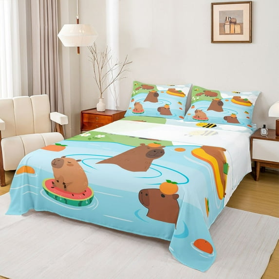 Homewish Cartoon Brown Capybara 4 Pieces Queen Sheet Sets for Child Kids Children,Kawaii Animal Ultra Soft Flat Sheet,Cute Wildlife Queen Fitted Sheet,Breathable Home Decor