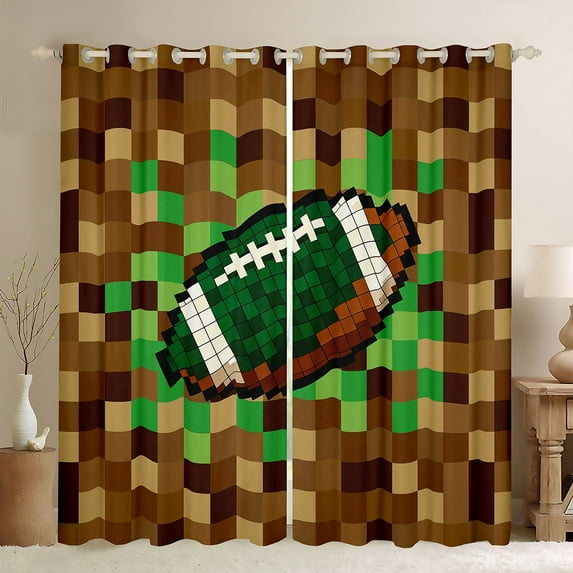 Homewish Cartoon Brown Plaid Black Out Curtains, Vintage Game Abstract Curtains Pack of 2 (42x63 Each), Rugby Soccer Print Bedroom Curtains, Blackout Curtains Home Decor
