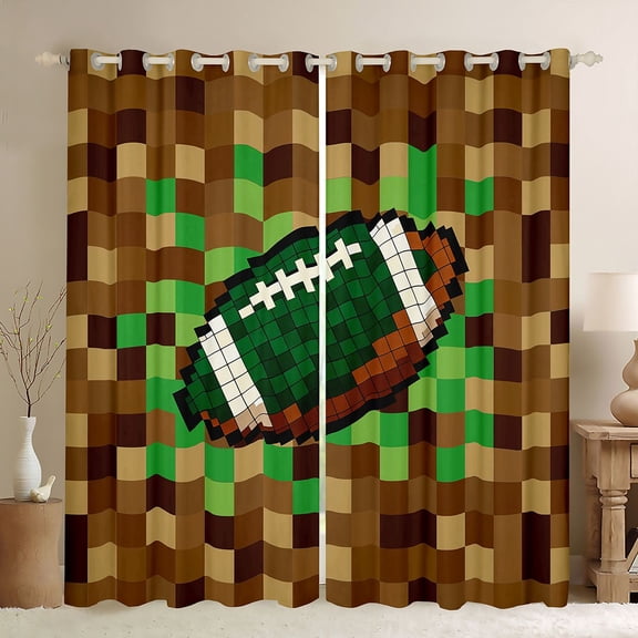 Homewish Cartoon Brown Plaid Black Out Curtains, Vintage Game Abstract Curtains Pack of 2 (42x63 Each), Rugby Soccer Print Bedroom Curtains, Blackout Curtains Home Decor
