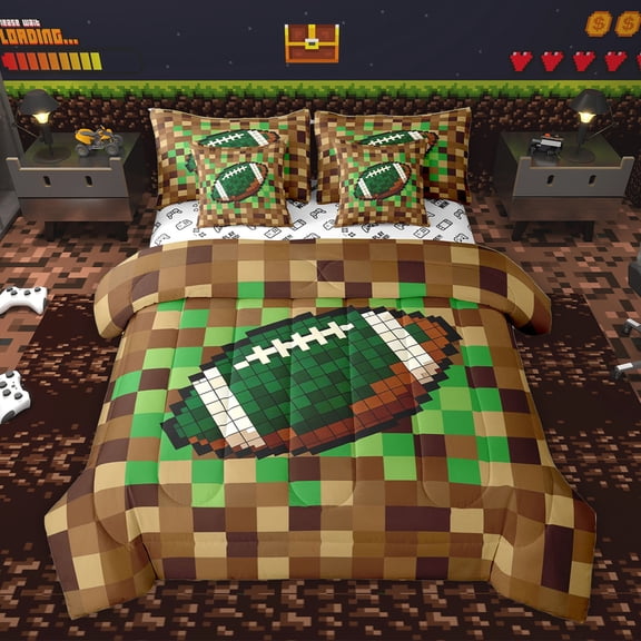 Homewish Cartoon Brown Plaid Twin Bedding Sets 7-Piece, Vintage Game Abstract Bedding Comforter Set, Rugby Soccer Print Reversible Sheet Sets, Breathable Home Decor