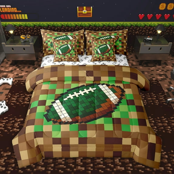 Homewish Cartoon Brown Plaid Twin Bedding Sets 7-Piece, Vintage Game Abstract Bedding Comforter Set, Rugby Soccer Print Reversible Sheet Sets, Breathable Home Decor