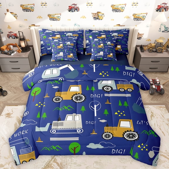 Homewish Cartoon Bulldozer Truck 7-Piece Bedding Comforter Set,Equipped Truck King Bedding Sets,Green Pine Tree Bed Sheets For Boys Kids,Microfiber Bedroom Decor Reversible