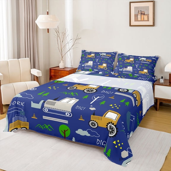Homewish Cartoon Bulldozer Truck Twin Sheet Sets,Equipped Truck Twin Fitted Sheet,Green Pine Tree Flat Sheet For Boys Kids,Microfiber Bedroom Decor,3 Pieces