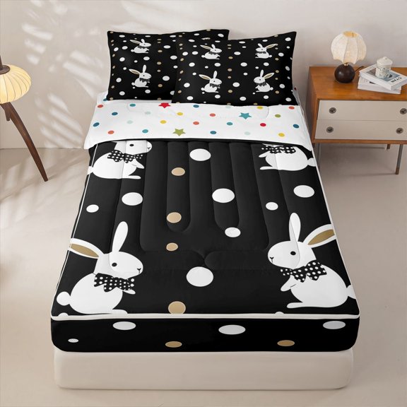 Homewish Cartoon Bunny Rabbit Zipper Twin Comforter Sets with Fitted Sheet and 2 Pillowcases,Modern Geometric Circle Zipper Bedding Set For Kids,Happy Easter Theme,Reversible,4 Pieces