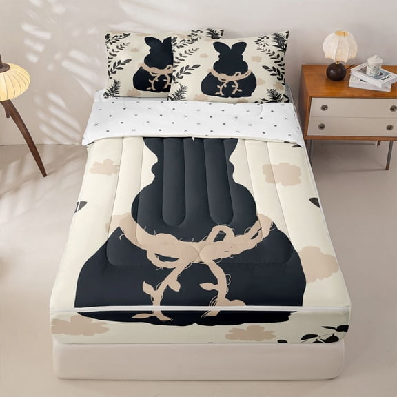 Homewish Cartoon Bunny Silhouette Zipper Twin Comforter Sets with Fitted Sheet and 2 Pillowcases,Easter Theme Rustic Plant Leaves Zipper Bedding Set For Girls Kids,Reversible,4-Piece