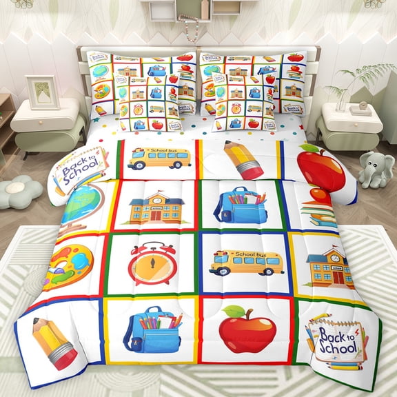 Homewish Cartoon Bus 7 Pieces Bedding Comforter Set,Cute Bags Apple Full Bedding Set,Colorful Print Fitted Sheet Flat Sheet For Teens,Microfiber Bedroom Decor Reversible
