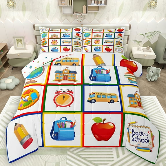 Homewish Cartoon Bus Bedding Comforter Set,Cute Bags Apple Twin Comforter Sets,Colorful Print Bedding Set For Teens,Microfiber Bedroom Decor Reversible,2pcs