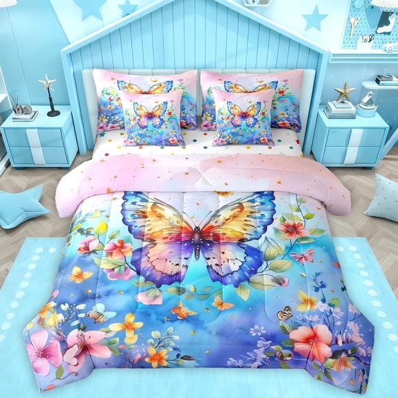 Homewish Cartoon Butterflies 7-Piece Twin Bedding Sets,Rustic Plant Flowers Bedding Comforter Set,Blue Pink Sheet Sets For Girl Teens,Breathable Home Decor Reversible