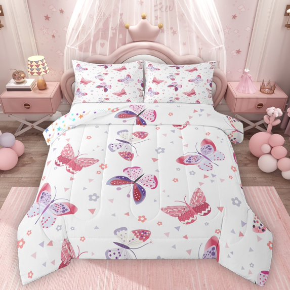 Homewish Cartoon Butterflies Bedding Comforter Set 2pcs for Kids Children Teens,Spring Garden Twin Comforter Sets Microfiber,Chic Flowers Breathable Bedding Set,Luxury Bedroom Decor,Reversible