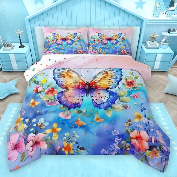 Homewish Cartoon Butterflies Bedding Comforter Set,Rustic Plant Flowers Twin Comforter Sets,Blue Pink Bedding Set For Girl Teens,Breathable Home Decor Reversible,2-Piece