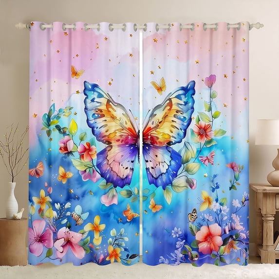 Homewish Cartoon Butterflies Curtains Pack of 2 (42x84 Each),Rustic Plant Flowers Curtains Blackout,Blue Pink Bedroom Curtains For Girl Teens,Breathable Home Decor
