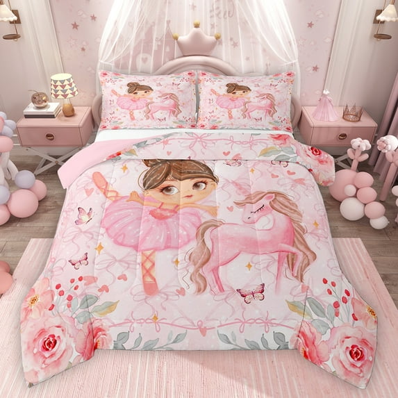Homewish Cartoon Butterflies Unicorn Bedding Comforter Set 2pcs for Preppy Child,Dance Ballet Princess Twin Comforter Sets Microfiber,Pink Floral Rose Bow Knot Breathable Bedding Set