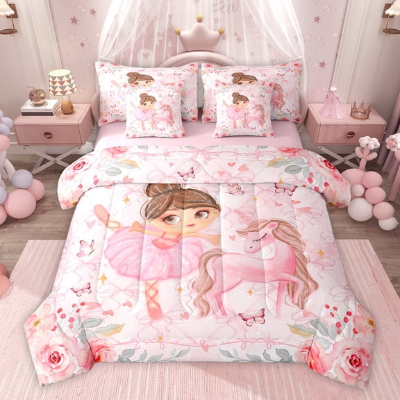 Homewish Cartoon Butterflies Unicorn Bedding Comforter Set 7-Piece for Preppy Child,Dance Ballet Princess King Bedding Sets,Pink Floral Rose Bow Knot Ultra Soft Bed Sheets,Ultra Soft Home Decor