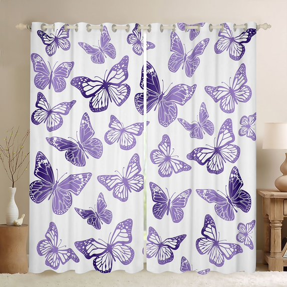 Homewish Cartoon Butterfly Blackout Curtains Set of 2 (52x84 Each),Rustic Flying Animal Window Curtains,White Purple Curtains and Drapes For Girls,Microfiber Bedroom Decor