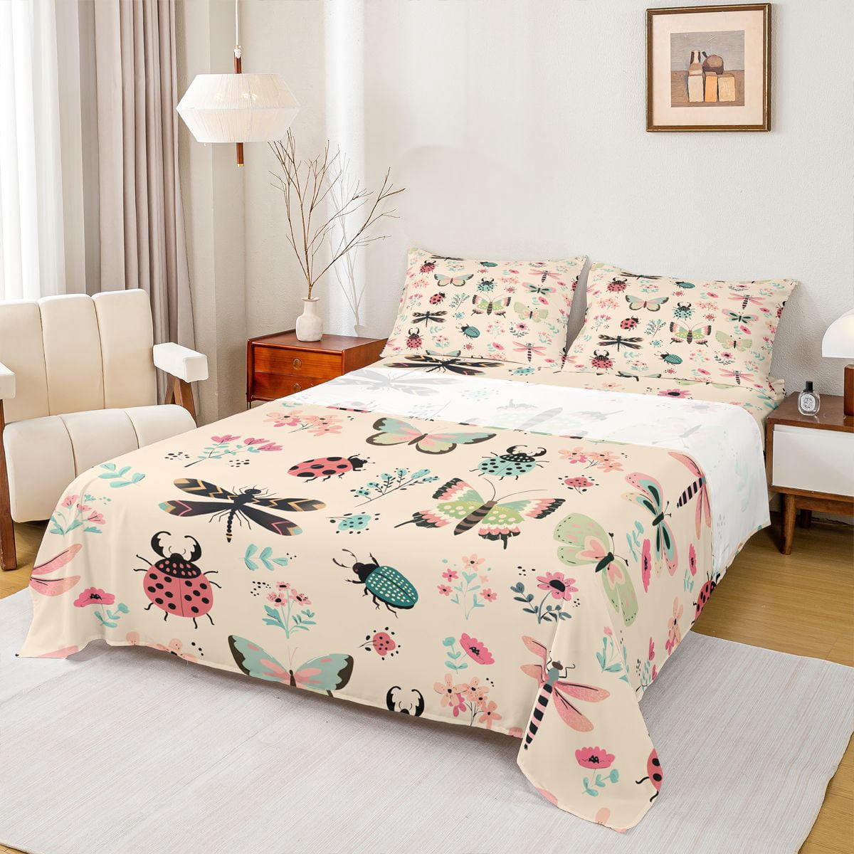 Homewish Cartoon Butterfly Ladybug Bed Sheets, Cute Animal Insect King Sheets, Princess Wheat Cartoon Sheet Set, Microfiber Bedroom Decor, 4 Pieces