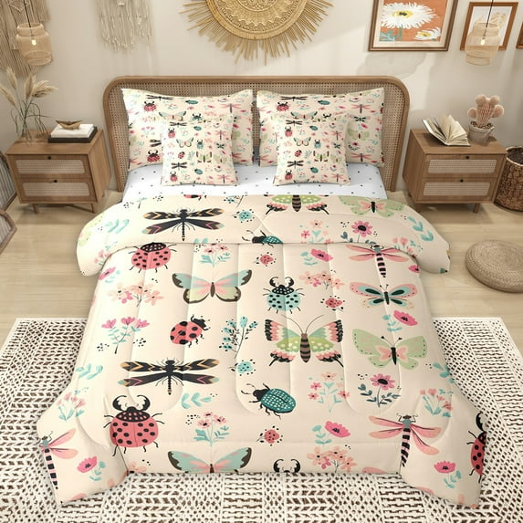 Homewish Cartoon Butterfly Ladybug Bedding Comforter Set 7 Pieces, Cute Animal Insect Full Bedding Set, Princess Wheat Cartoon Reversible Fitted Sheet Flat Sheet, Microfiber Bedroom Decor