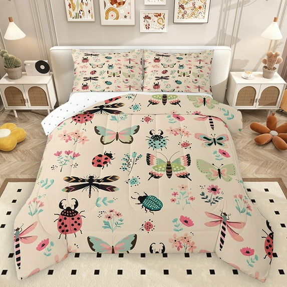 Homewish Cartoon Butterfly Ladybug Bedding Comforter Set, Cute Animal Insect Twin Comforter Sets, Princess Wheat Cartoon Reversible Bedding Set, Microfiber Bedroom Decor, 2 Pieces
