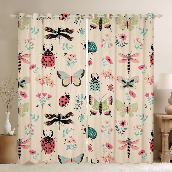 Homewish Cartoon Butterfly Ladybug Black Out Curtains, Cute Animal Insect Curtains Pack of 2 (42x63 Each), Princess Wheat Cartoon Bedroom Curtains, Window Curtains Bedroom Decor