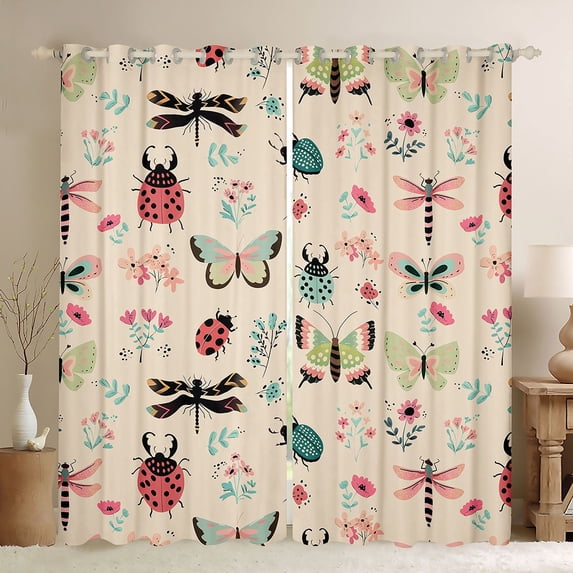 Homewish Cartoon Butterfly Ladybug Blackout Curtains Set of 2 (52x84 Each), Cute Animal Insect Window Curtains, Princess Wheat Cartoon Curtains and Drapes, Window Curtains Bedroom Decor