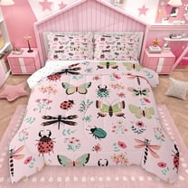Homewish Cartoon Butterfly Ladybug Full Size Comforter Sets, Cute Animal Insect Bedding Comforter Set, Princess Pink Cartoon Reversible Bedding Sets, Super Cozy Room Decor, 3 Pieces