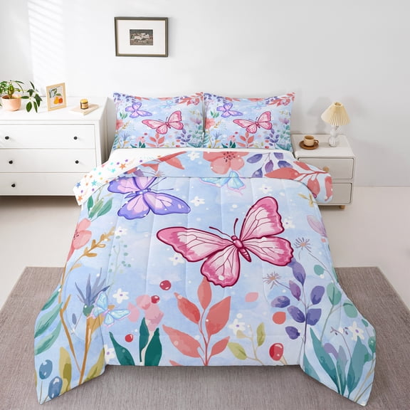 Homewish Cartoon Butterfly Teens Queen Comforter Set, Kawaii Cute Moth Animal Bedding Sets, Plant Botanical Reversible Bedding Comforter Set, Ultra Soft Bedroom Decor, 3 Pieces