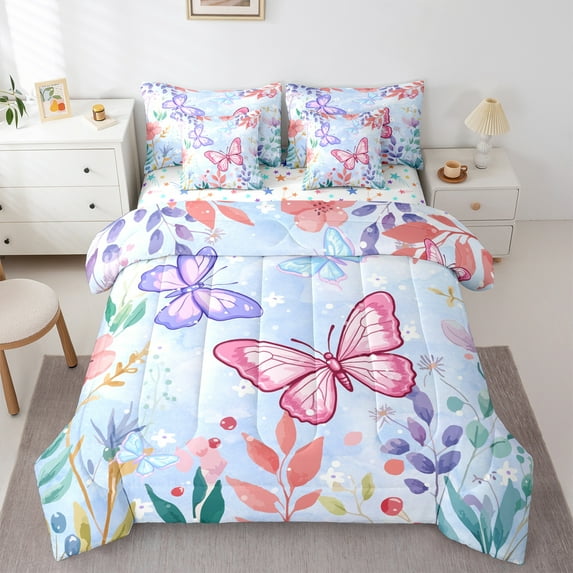 Homewish Cartoon Butterfly Teens Twin Bedding Sets 7-Piece, Kawaii Cute Moth Animal Bedding Comforter Set, Plant Botanical Reversible Sheet Sets, Ultra Soft Bedroom Decor