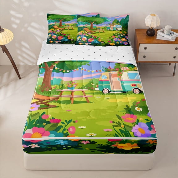 Homewish Cartoon Camping Camper Zipper Twin Comforter Sets with Fitted Sheet and 2 Pillowcases,Colorful Flowers Blossom Zipper Bedding Set For Girls Kids,Reversible,4 Pieces