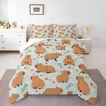 Homewish Cartoon Capybara 2pcs Bedding Comforter Set for Preppy Children Kids,Kawaii Animal Twin Comforter Sets,Chic Floral Flowers Breathable Bedding Set,Microfiber Bedroom Decor,Reversible