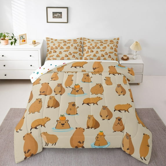 Homewish Cartoon Capybara 3-Piece Full Size Comforter Sets For Children Teens,Kawaii Wildlife Bedding Comforter Set,Cute Animal Lightweight Bedding Sets,Breathable Home Decor,Reversible