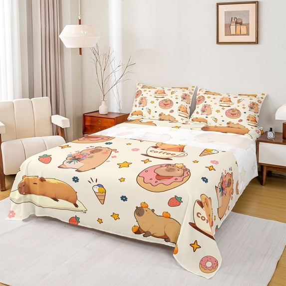 Homewish Cartoon Capybara 4-Piece Full Size Sheets For Children Teens,Strawberry Donuts Dessert Bed Sheets,Cute Stars Print Lightweight Sheet Sets,Breathable Home Decor