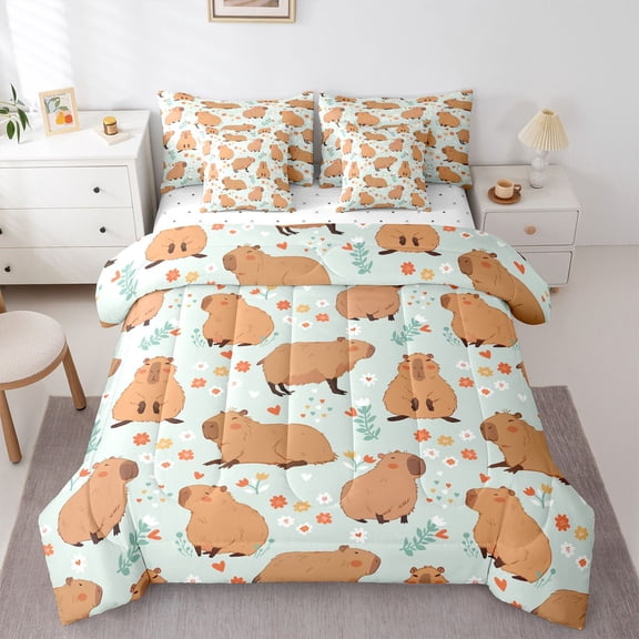 Homewish Cartoon Capybara 7-Piece Bedding Comforter Set for Preppy Children Kids,Kawaii Animal King Bedding Sets,Chic Floral Flowers Ultra Soft Bed Sheets,Microfiber Bedroom Decor,Reversible
