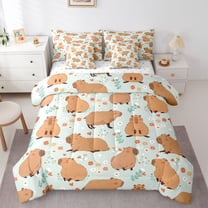 Homewish Cartoon Capybara 7-Piece Twin Bedding Sets for Preppy Children Kids,Kawaii Animal Bedding Comforter Set,Chic Floral Flowers Breathable Sheet Sets,Microfiber Bedroom Decor,Reversible