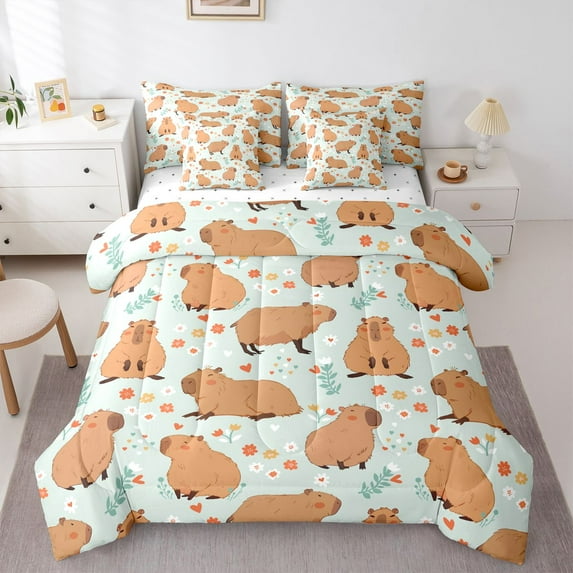 Homewish Cartoon Capybara 7-Piece Twin Bedding Sets for Preppy Children Kids,Kawaii Animal Bedding Comforter Set,Chic Floral Flowers Breathable Sheet Sets,Microfiber Bedroom Decor,Reversible