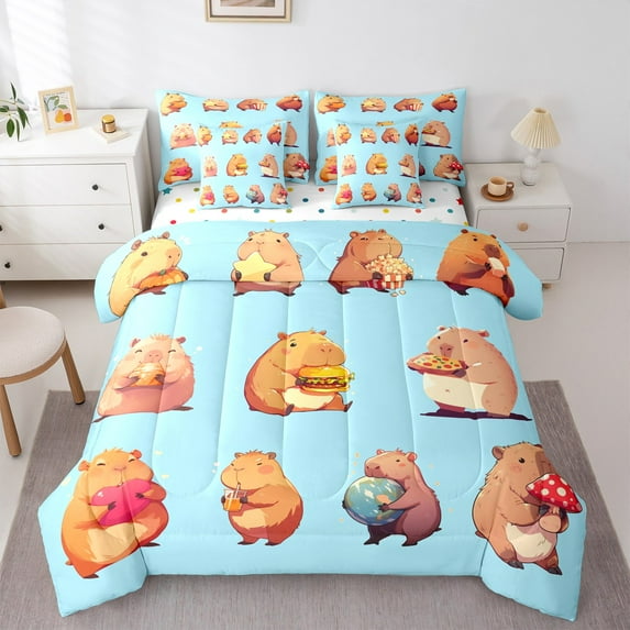 Homewish Cartoon Capybara 7-Piece Twin Bedding Sets for Preppy Children Kids,Kawaii Animal Bedding Comforter Set,Cute Wildlife Breathable Sheet Sets,Microfiber Bedroom Decor,Reversible