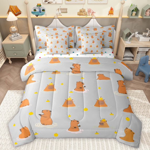 Homewish Cartoon Capybara 7 Pieces Bedding Comforter Set For Children Teens,Kawaii Wildlife Full Bedding Set Lightweight,Cute Animal Fitted Sheet Flat Sheet,Breathable Home Decor,Reversible