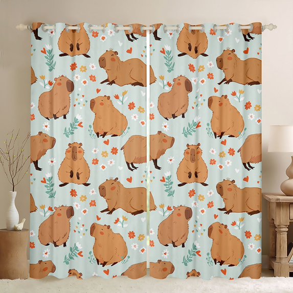 Homewish Cartoon Capybara Black Out Curtains for Preppy Children Kids,Kawaii Animal Curtains Pack of 2 (42x63 Each),Chic Floral Flowers Bedroom Curtains,Microfiber Bedroom Decor