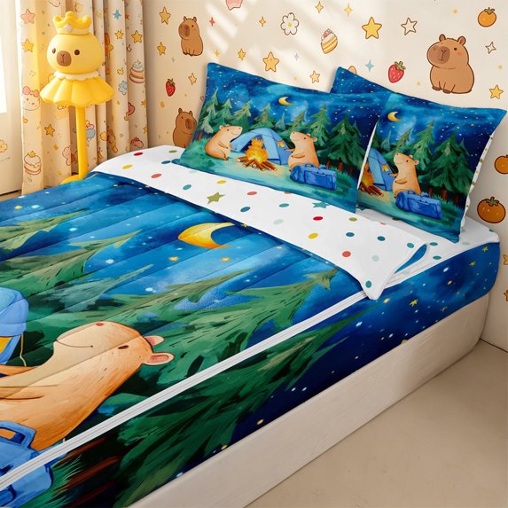 Homewish Cartoon Capybara Camping Zipper Twin Comforter Sets with Fitted Sheet and 2 Pillowcases,Kawaii Animal Adventure Theme Zipper Bedding Set for Boys Girls,4-Piece,Reversible