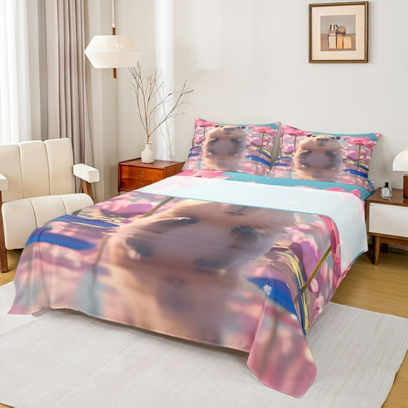 Homewish Cartoon Capybara Rodent Bed Sheets,Rustic Lotus Flower King Sheets,Pink Brown Sheet Set For Girls Kids,Super Cozy Room Decor,4pcs