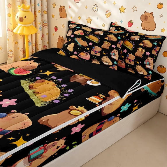 Homewish Cartoon Capybara Zipper Full Size Comforter Sets with Fitted Sheet and 2 Pillowcases,Kawaii Animal With Funny Food Zipper Bedding Set for Boys Girls,4pcs,Black Reversible