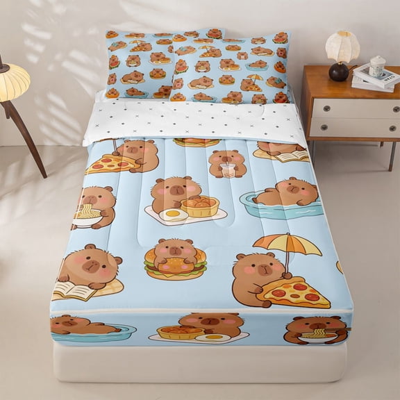 Homewish Cartoon Capybara Zipper Twin Comforter Sets with Fitted Sheet and 2 Pillowcases,Cute Animal Print Zipper Bedding Set For Kids,Reversible,4 Pieces