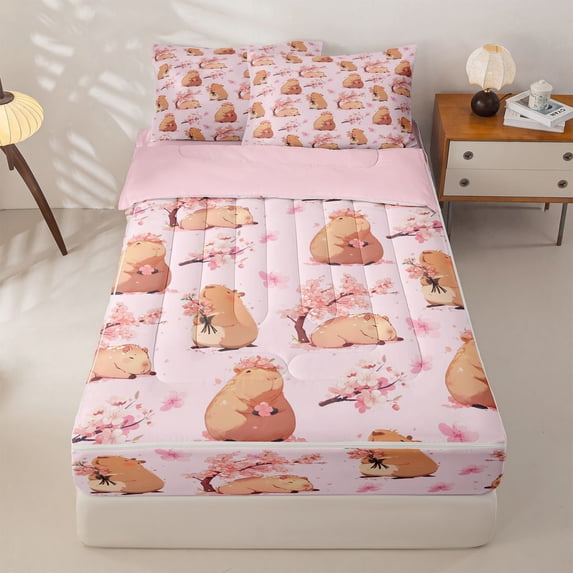 Homewish Cartoon Capybara Zipper Twin Comforter Sets with Fitted Sheet and 2 Pillowcases For Kids,Pink Cherry Blossom Zipper Bedding Set For Cute Animals Lover,Reversible,4 Pieces