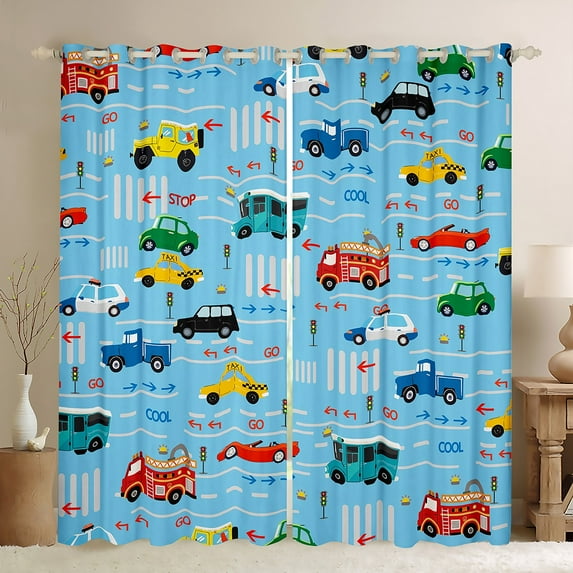 Homewish Cartoon Car Black Out Curtains,Fire Truck Curtains Pack of 2 (42x63 Each),Traffic Light Bedroom Curtains For Boy,Super Cozy Room Decor