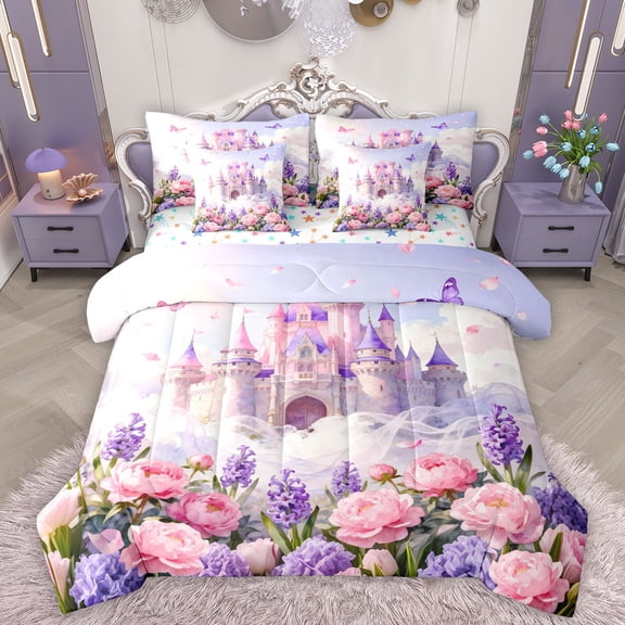 Homewish Cartoon Castle 7-Piece Twin Bedding Sets,Rustic Flower Floral Bedding Comforter Set,Pink Purple Sheet Sets For Girl,Luxury Bedroom Decor Reversible